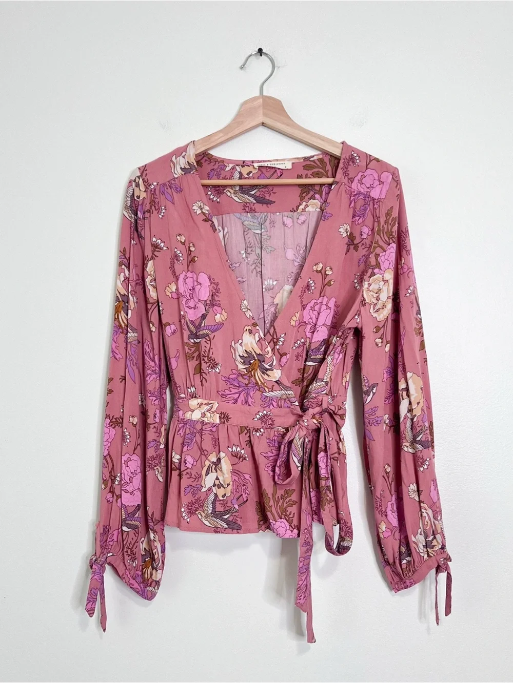 SPELL & THE GYPSY Rosa Wrap Blouse Top Pink Floral Boho Size M Long Sleeve